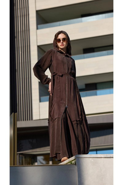 MissWhence Stripe Detailed Hooded Cupro Silk Overcoat Brown 39510