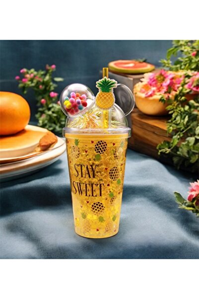 HEDİYEBİZİZ Pineapple Straw Ice Glass Lookalike 400 ml Double Layer Mica - Ye...