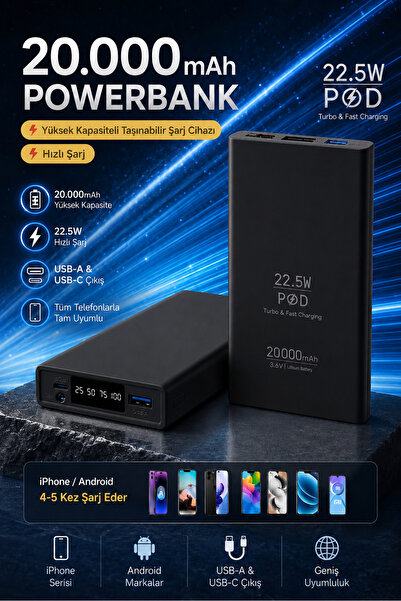 TEKNOAS İLETİŞİM 20000 mAh Powerbank Hızlı Şarj Taşınabilir Şarj Aleti Tüm Te...