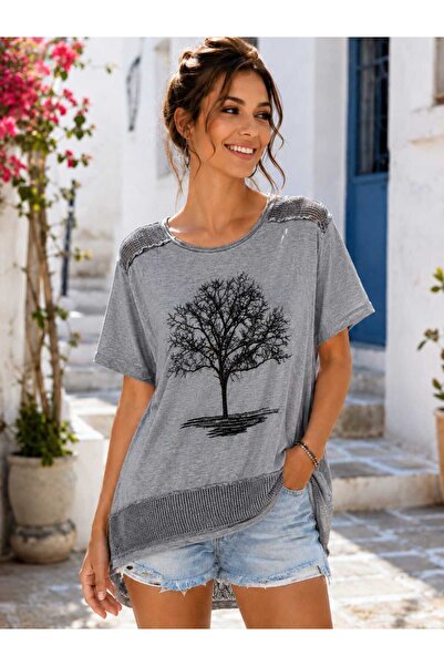 Butik Şans Women's Mesh Detailed Stone Printed Tree Figured Cotton T-Shirt