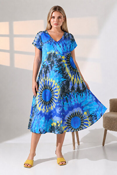 LİKAPA Summer Plus Size Viscose V-Neck Short Sleeve Dress 2688