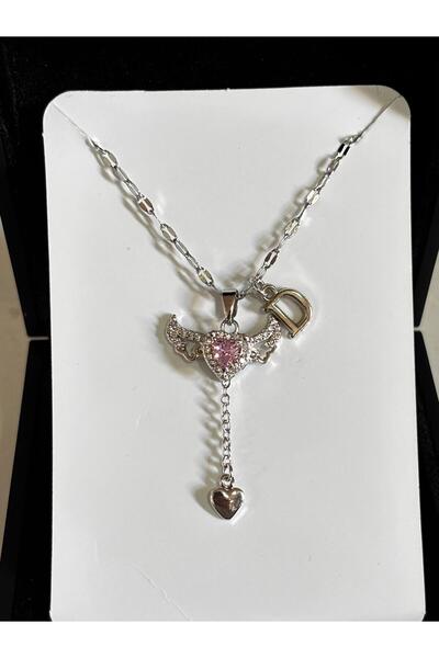 bijoux uniques çelik pembe kalpli melek kanadı D harfli kolye