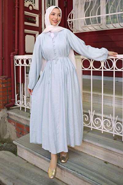 İmajButik Ice Blue Waist Tie Buttoned Dress