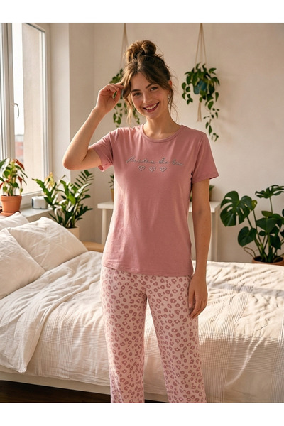 Boyraz homewear Boyraz Leopar Desenli Kısa Kollu Milan Pijama Takımı