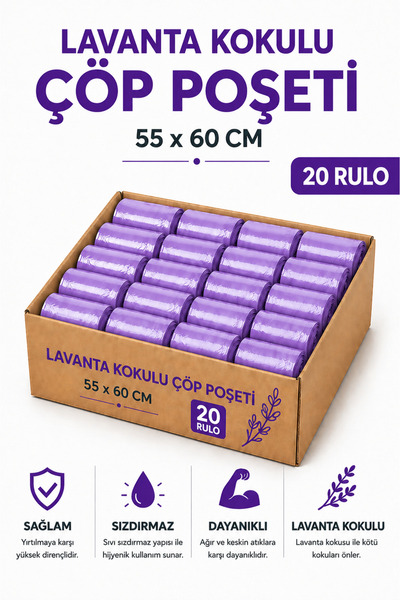 MSE HOLD Büzgülü Çöp Poşeti Lavanta Kokulu 55×60 cm Orta Boy 20 Rulo Dayanıkl...