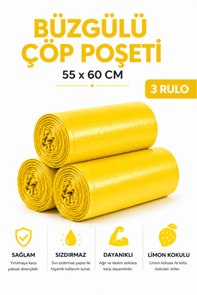 MSE HOLD Büzgülü Çöp Poşeti Limon Kokulu 55×60 cm Orta Boy 3 Rulo Dayanıklı S...