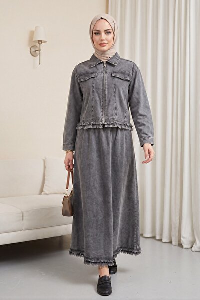 Modamorfo Tassel Detailed Denim Suit with Front Zipper Pocket Detail and Skir...