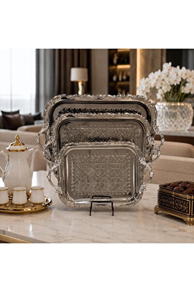 Generic Silver Steel Tray Set with Scalloped Edges and Handles with Classic G...