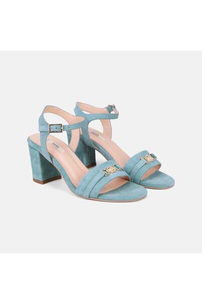 Desa Women's Green Suede Sandals with Gold Accessories and Thick Heels