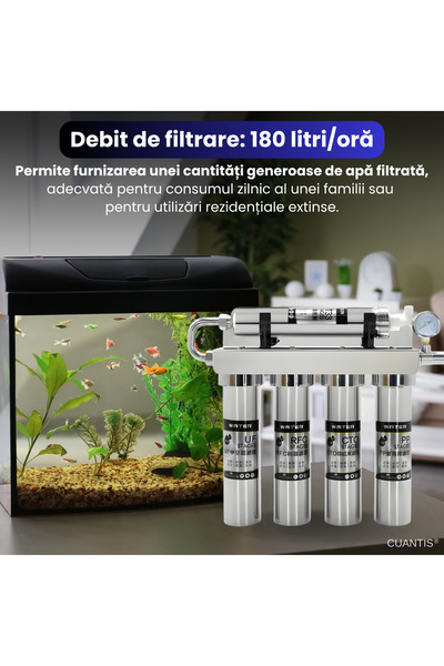 Cuantis Sistem filtrare apa 5 etape, CUANTIS, debit 180L/h, otel inoxidabil 304, filtre PP, carbon activ, rasina, ultrafiltrare, carbon final, pentru uz rezidential si comercial