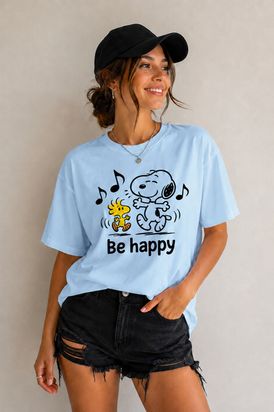 ArtYus Be Happy Printed Unisex Oversize T-Shirt – Cotton Crew Neck Casual T-S...