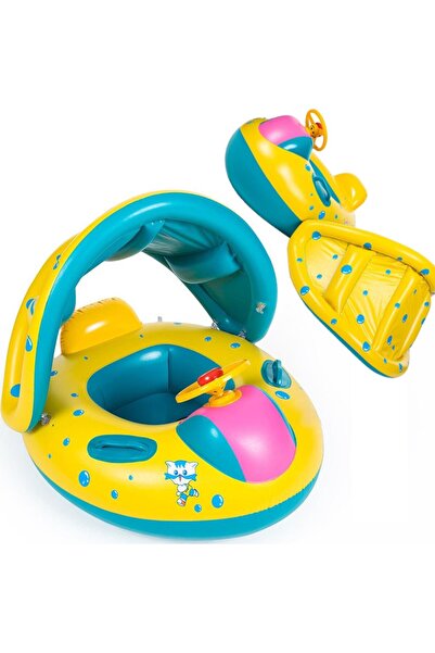 TodayShop Barcă gonflabilă pentru copii, cu volan și parasolar, multicoloră