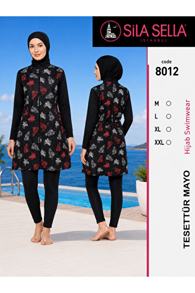 belpa Women's Leaf Patterned Full Covered Hijab Swimsuit Set Lycra Long Sleeve
