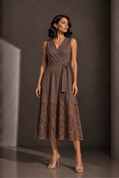 UNTIMELY Double-Breasted Closure & Lace Detailed Mink Crepe Midi Sleeveless D...