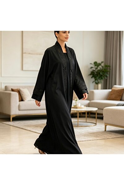 Bleco Heavy Embroidered Trim Long Open Abaya Coat Elegant Black Modest Outerwear