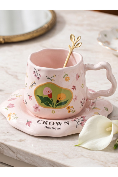 Bam Vintage Special Design Ceramic Mug with Gold Spoon and Plate