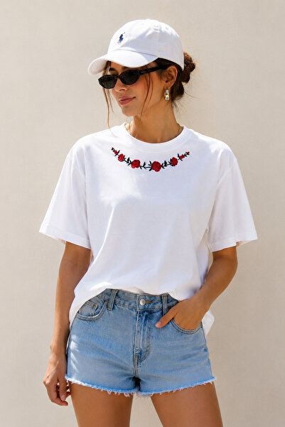 ArtYus Rose Collar Detail Printed Unisex Oversize T-Shirt – Cotton Crew Neck ...