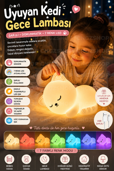 CNGZSHOP Uyuyan Kedi Gece Lambası Şarjlı Dokunmatik 7 Renk LED Silikon Çocuk ...