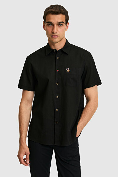 U.S. Polo Assn. Erkek Siyah Kısa Kollu Keten Karışımlı Gömlek 50319023-VR046