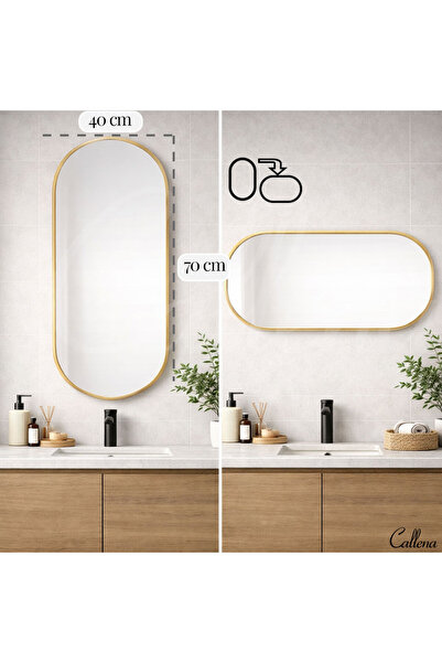 Callena Oglindă ovală, cu ramă aurie, 70x40 cm, verticală/orizontală, din aluminiu, oglindă de perete, decorativă, pentru hol, living
