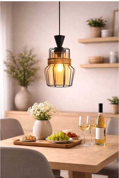 Pendulum Pendul , abajur sticlă aurie, cadru metal negru, sfoară decorativă, reglabil în înălțime