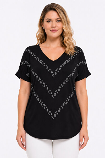 Şans Women's Plus Size Black, Stone Detailed Bat Sleeve V-Neck Blouse 65N39527
