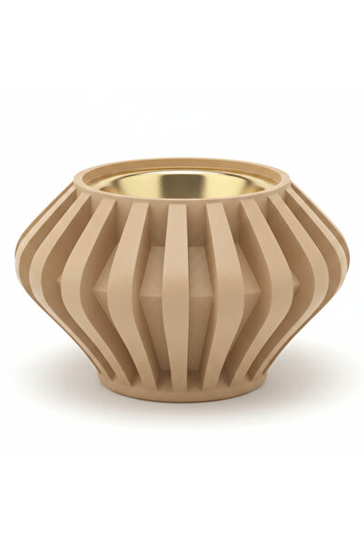 AKDC Beige Chalk Incense Burner with Gold Brass Insert — Ribbed Geometric Des...