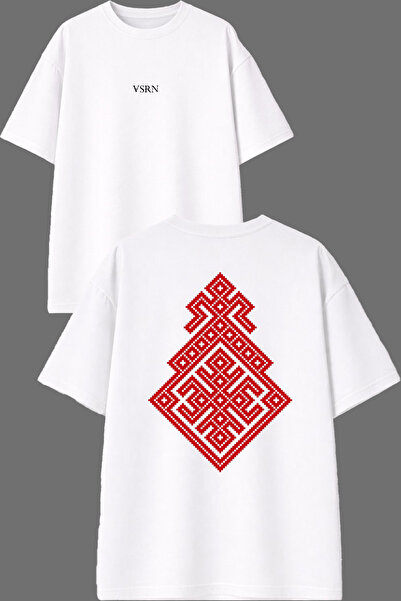 VSRN Tricou oversize alb cu imprimeu în față și în spate, design Baklava Red ...