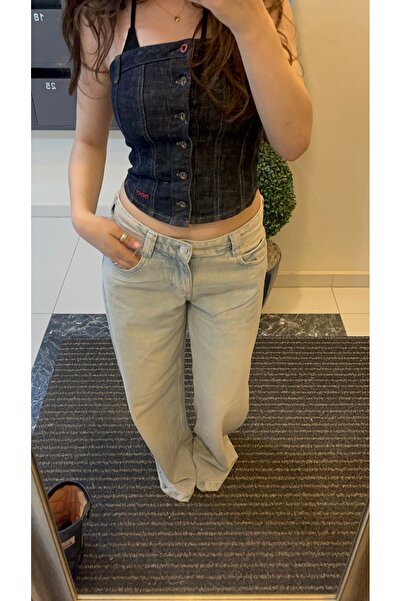 Messy Girls Blugi largi din denim 100% albastru gheață, cu croială tip balon