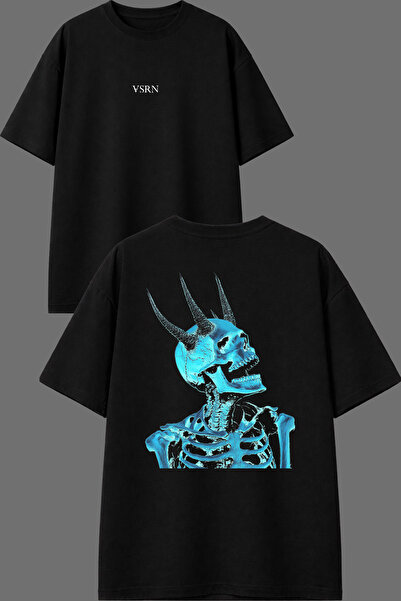 Neon Blue Devil Tasarım Ön Arka Baskılı Siyah Oversize T shirt