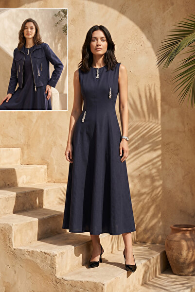 Missemramiss Misemramiss Minella Jacket Linen Dress Set 5209 Navy Blue