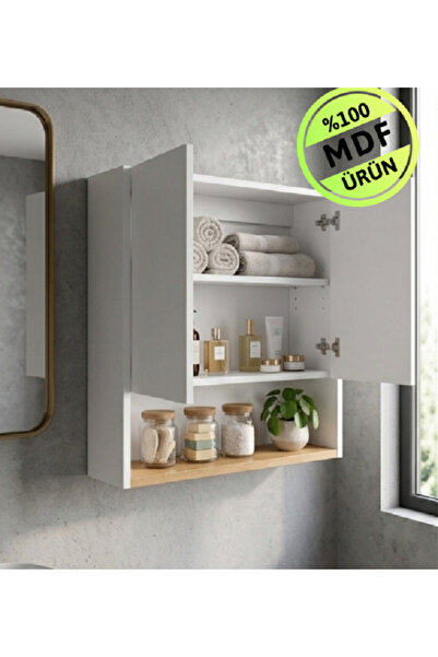 ENG AHŞAP MDF Raflı Duvara Monte Kapaklı Çok Amaçlı Dolap Beyaz Meşe