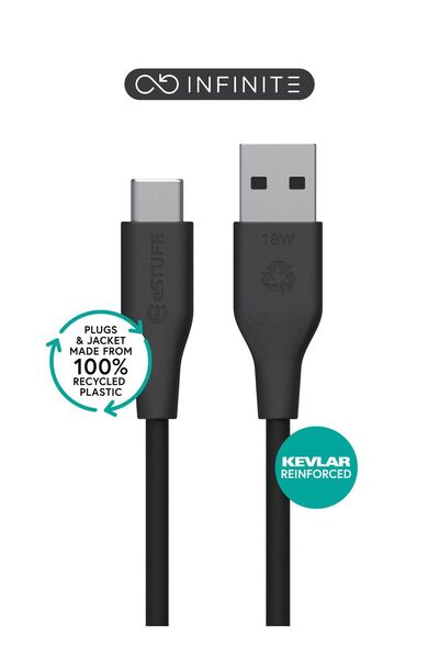 eSTUFF INFINITE (GRS) USB-C to USB-A Cable 2m Black. Recycled Plastic. Super ...