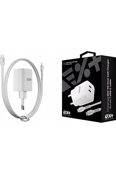 NEXT ONE Încărcător de rețea Fast 35W GaN 2xUSB-C cu cablu USB-C alb