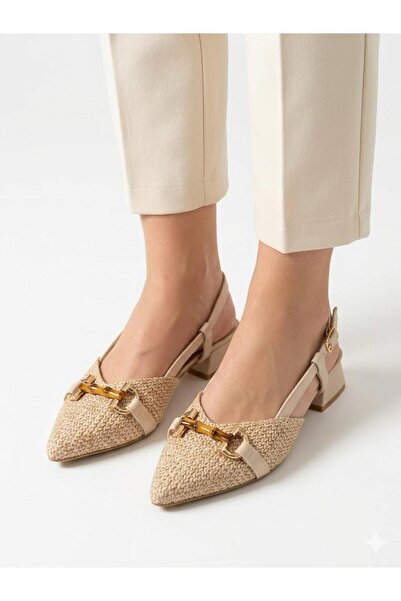 Lütfi Women's Cream Thick Heel Comfortable Fit Heeled Ballerina Shoes