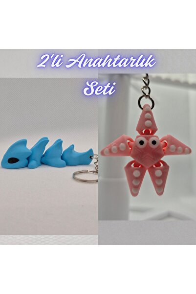 3DAtölyeMaker Light Blue Flexible Dragon and Pink Moving Starfish Keychain