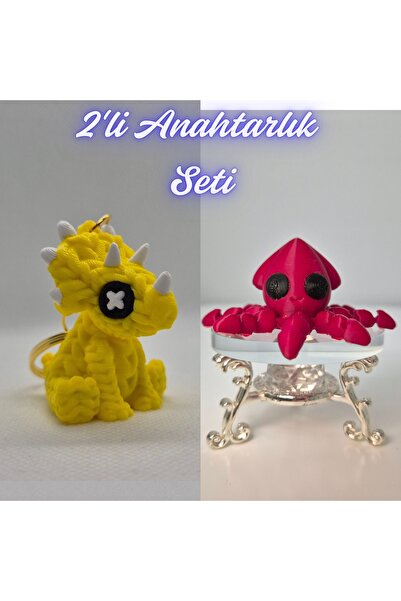 3DAtölyeMaker Yellow Knitted Pattern Triceratops and Fire Engine Red Squid Ke...