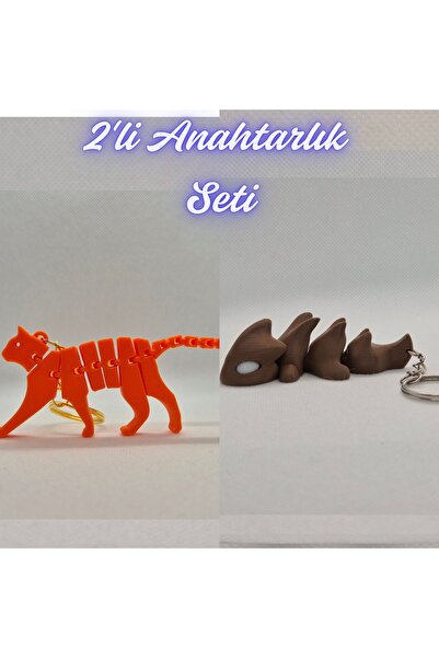 3DAtölyeMaker Orange Flexible Cat and Dark Brown Flexible Dragon Keychain