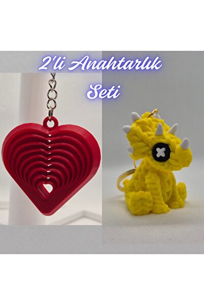 3DAtölyeMaker Fire Engine Red Moving Heart and Yellow Knitted Pattern Tricera...