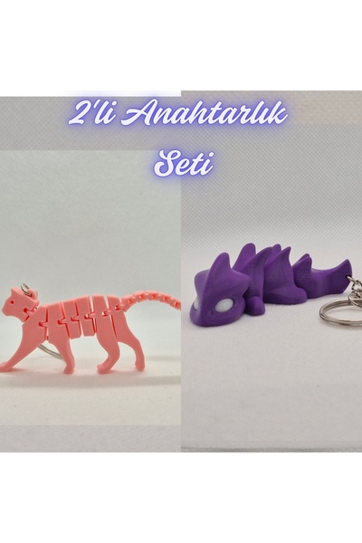 3DAtölyeMaker Light Pink Flexible Cat and Purple Flexible Dragon Keychain