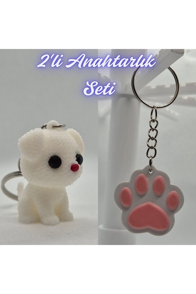 3DAtölyeMaker White Knitted Patterned Dog and Light Pink Cat Paw Keychain