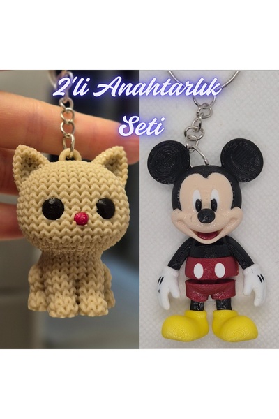 3DAtölyeMaker Cream Knitted Patterned Cat and Blue Flexible Mickey Mouse Keyc...
