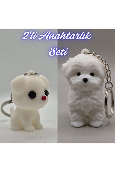 3DAtölyeMaker White Knitted Patterned Dog and White Maltese Terrier Keychain