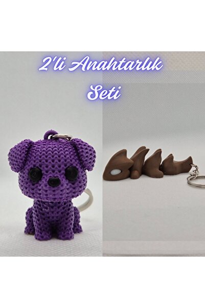 3DAtölyeMaker Purple Knitted Patterned Dog and Dark Brown Flexible Dragon Key...