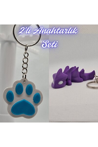 3DAtölyeMaker Light Blue Cat Paw and Purple Flexible Dragon Keychain