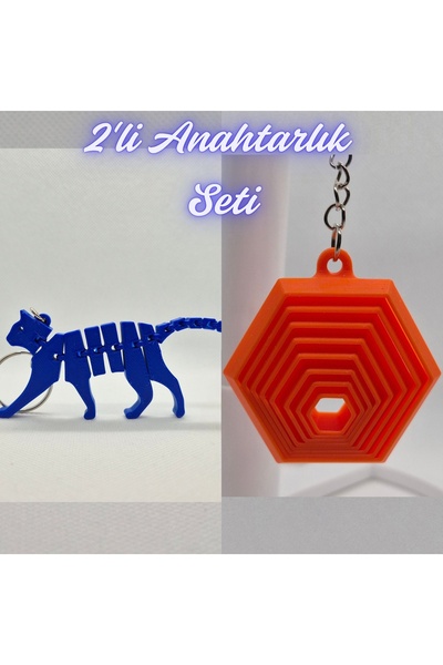 3DAtölyeMaker Blue Flexible Cat and Orange Moving Hexagon Keychain