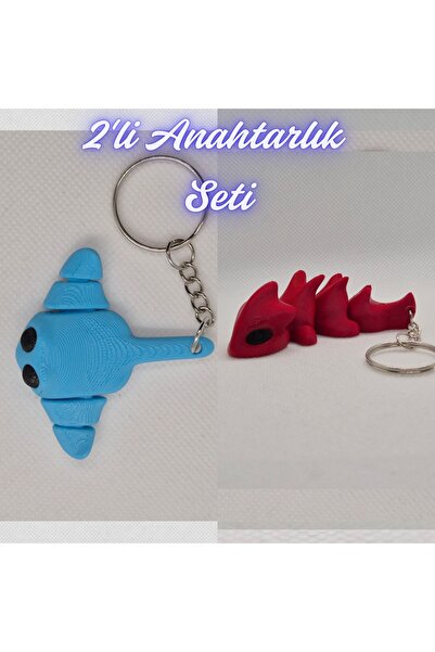 3DAtölyeMaker Light Blue Flexible Stingray and Fire Red Flexible Dragon Keychain