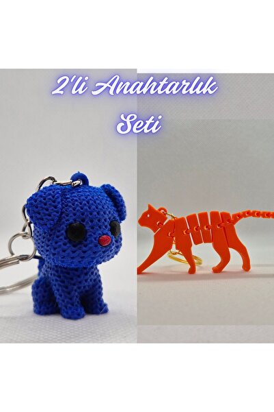 3DAtölyeMaker Blue Knitted Patterned Dog and Orange Flexible Cat Keychain