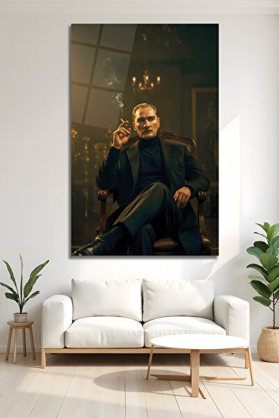AltmışAltı Lüks Cam Tablo Karizmatik Atatürk Portresi Modern Ofis Salon Duvar...