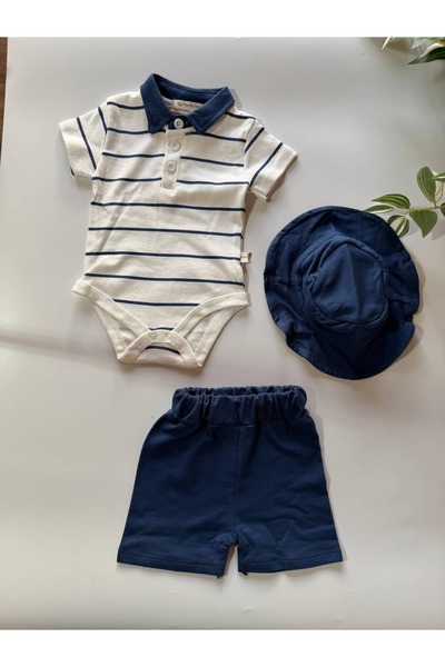 KapsülBebek Polo Collar Striped 3-Piece Unisex Baby Set - 100% Cotton